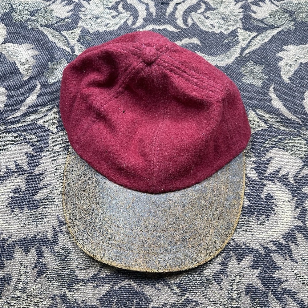 Vtg Eddie Bauer Hat Cap 6 Panel Red Wool Leather Suede Made in USA Size S/M